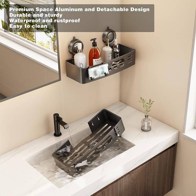 Voldra Shower Caddy Suction Cup, Shower Shelves for Inside Shower No Drilling, Aluminum Suction Showers Organizer for Wall with Towel Bar & Hooks Removable Bathroom Storage Rack(2 Pack-Gray)