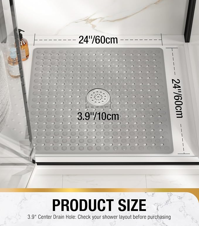 HITSLAM Non Slip Shower Stall Mat with Center Drain Hole, Diamond Textured PVC Bath Mat for Inside Shower, Machine Washable, Strong Suction Cups for Bathroom Bathtub Mat, 24x24 Inch, Grey