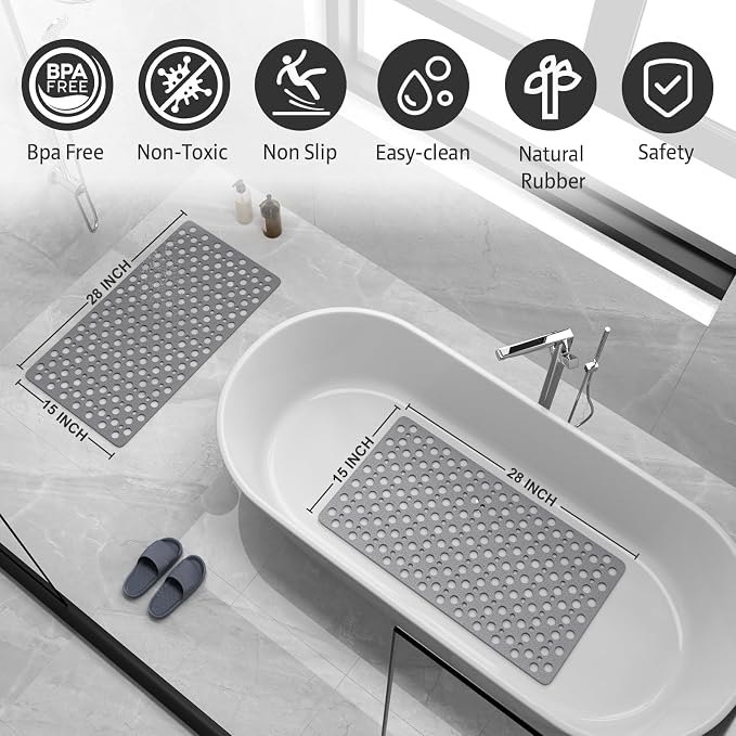 XIYUNTE Bath Mat for Tub Non Slip Shower Mat -28" x 15" Soft TPE Bathtub Mat Non Slip Shower Mats for Inside Shower, Anti Slip Shower Floor Mat with Suction Cups, Quick-Drying Bath Tub Mat, Grey