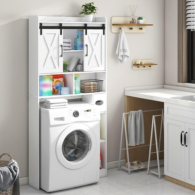 Vabches Over The Toilet Storage Cabinet, Farmhouse Storage Cabinet Over Toilet with Sliding Doors，Home Space-Saving Toilet Rack, for Bathroom, Restroom, Laundry