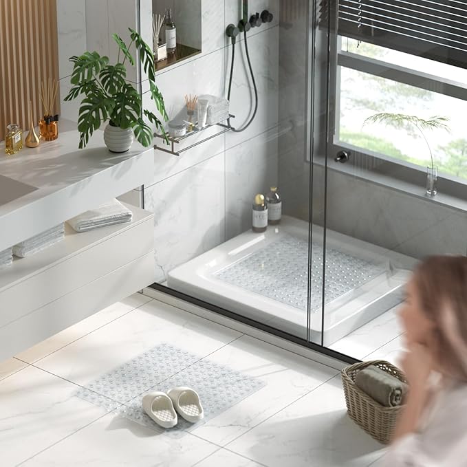 HITSLAM Shower Mat Anti Slip, Square Bath Mat for Tub Non Slip with Suction Cups and Drain Holes, 24x24 Inch Bathroom Shower Stall Floor Mat, Machine Washable, Soft on Feet, Clear