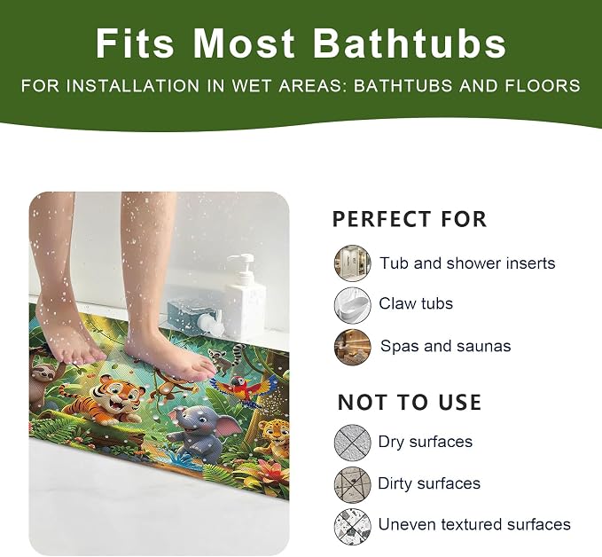 XIYUNTE Upgrade Baby Bath Mat Non Slip - 40"x16" Extra Long Kids Bath Mat for Tub Non Slip Bathtub Mat Eco-Friendly Toddler Bath Mats with Suction Cups, Machine Washable and No Fading, Animal Forest