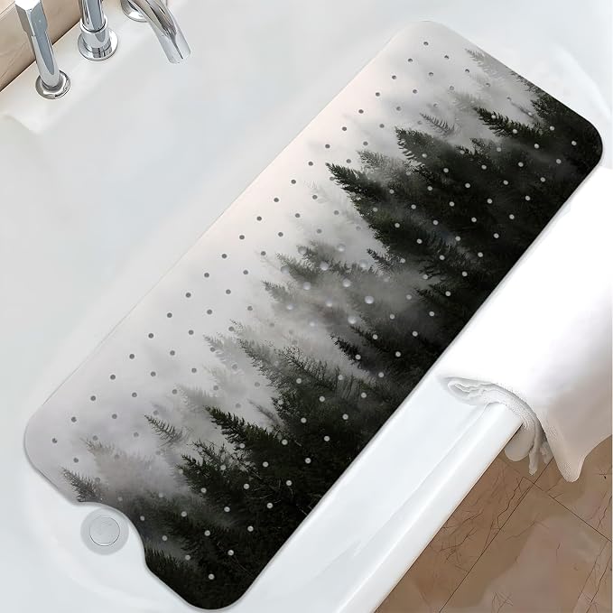 Misty Forest Bathtub Mat Non Slip, Baby Bath Mat for Tub Rubber Tub Mat, Kids Bath Mats for Bathroom Nature Trees Anti Slip Shower Mat with Suction and Drain Holes Machine Washable, 40″X16″