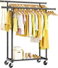 HYSEYY Double Rods Clothes Rack, Rolling Clothing Rack for Hanging Clothes Portable Wardrobe Rack, Metal Garment Rack Sturdy Coat Rack for Bedroom Laundry Living Room, Black