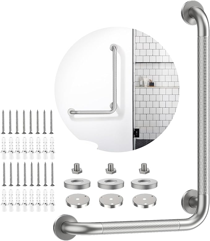 Brushed Nickel Angled Grab Bar 16x24 Inch, iHansee Bathroom Safety Bar w/Anti-Slip Knurled Grip, Wall Mount L Shaped Shower Handle for Elderly Senior Handicap, Toilet Bathtub Balance Support Bar