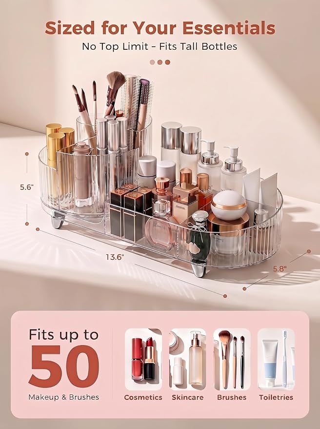 Booklov Rotating Makeup Organizer for Vanity, Large Capacity Cosmetic Display Case, Clear Acrylic Countertop Beauty Storage Holder for Skincare, Brush Eyeshadow Lipstick, Counter Desk, Crystal Clear