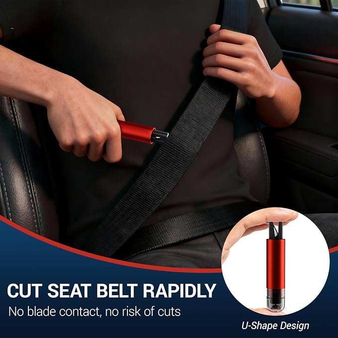 4 Pack Window Breaker Seatbelt Cutter, 2-in-1 Car Window Breaker Tool, Safe Hammer Glass Breaker and Seat Belt Cutter Underwater, Emergency Escape Tool with Test Glass for Automotive Accidents, Red