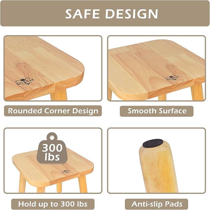 BEE&OAK 11 Inch Wooden Step Stools for Adults, Solid Rubber Wood Non-Slip Step Foot Stool, Heavy Duty 300 lbs One Step Stool for Bedroom, Bathroom, Kitchen,Outdoor (Natural)