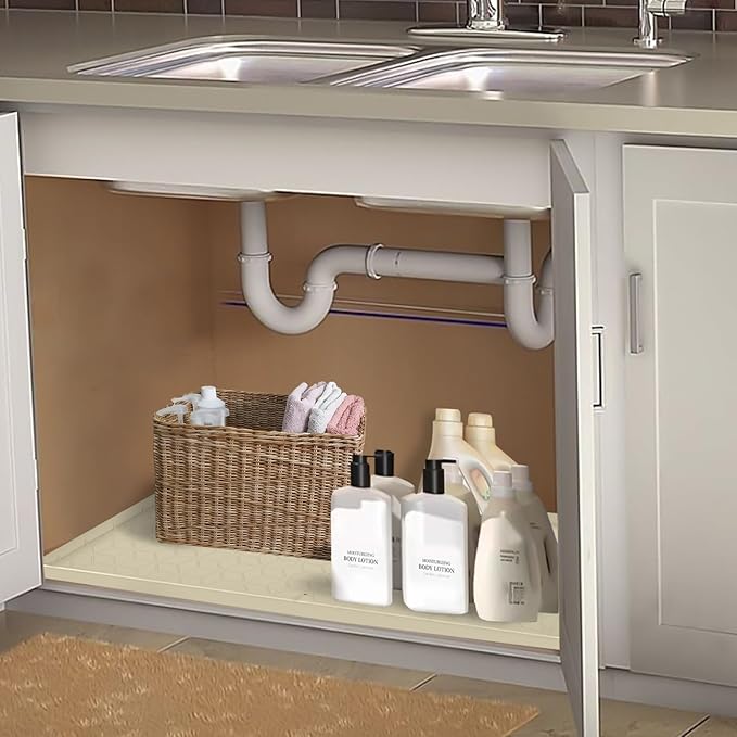 Under Sink Mat for Kitchen Silicone Waterproof Under Sink Liner, Flexible Sink Cabinet Organizer Tray with Drain Hole, Hold up to 3.3 Gallons Liquid, Easy to Clean (Beige, 34X22)