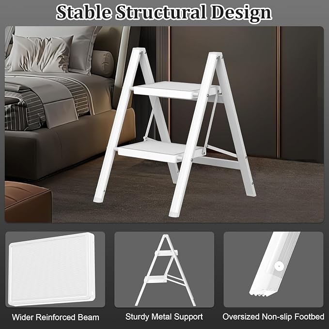 DIAMONDFORGE 2 Step Ladder, Folding Step Stool with Anti‑Slip Wide Pedal & Soft Grip Handle, Sturdy Steel Ladder with 330 lbs Capacity, Non‑Slip Feet for Home, Kitchen & Office, White