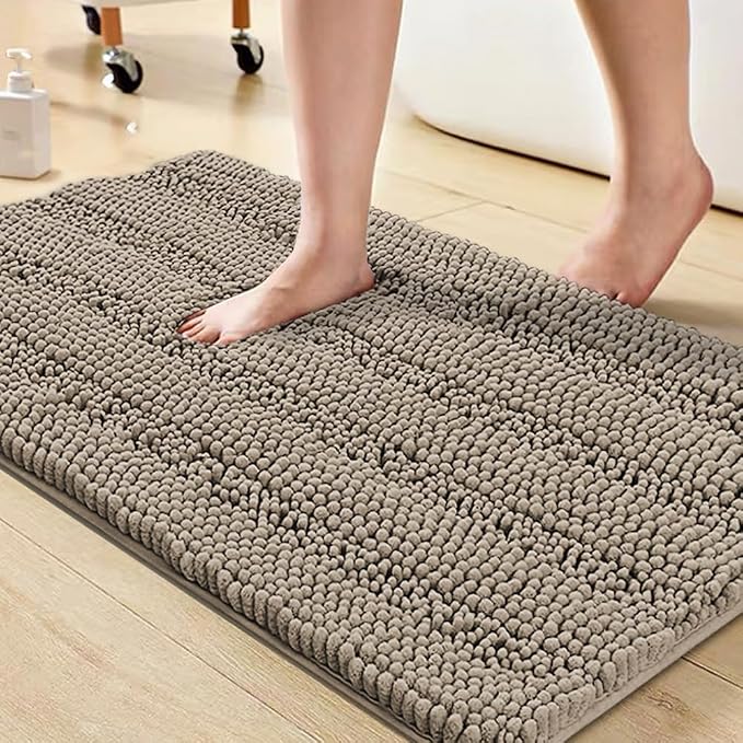Turquoize Bathroom Rugs Shaggy Chenille Bath Rug Non Slip Thick Shaggy Bath Mats for Bathroom Chenille 1-Piece Bath Mat Set, Soft Super Absorbent Shower Rug Washable Mats, 20"x32", Taupe
