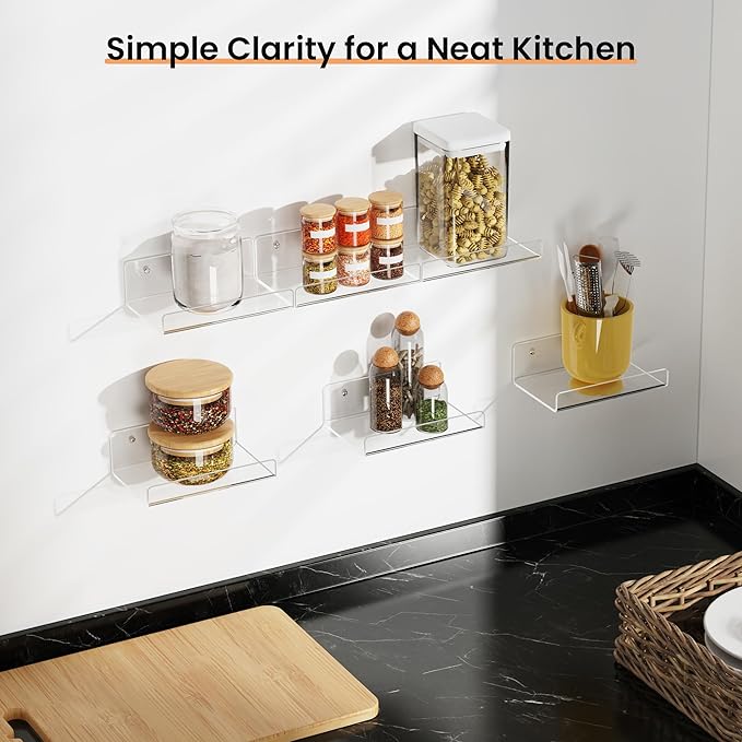 upsimples 6 Pack 6x4 Inches Acrylic Small Shelves, Floating Shelves for Wall, Display Shelf Organizer for Plants, Speaker, Radio, Toys, Clear