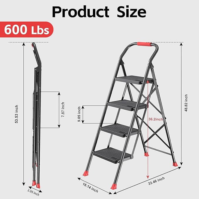4 Step Ladder Stool Foldable with Handrails for Adults, Heavy Duty 4 Stepping Extension Tall Folding Ladder, Closet Stepstool Stair Ladders Extendable Stepladder for Indoor House Home Kitchen, 600LBS