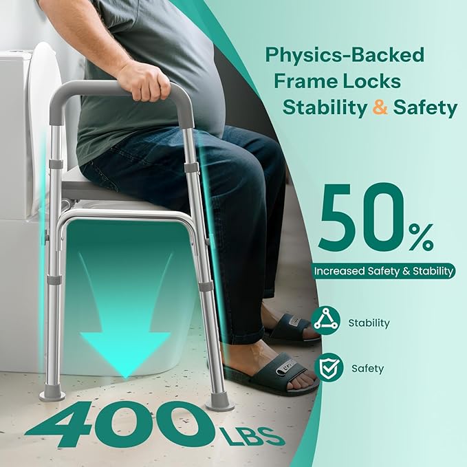 HOMEAL Seat Riser for Seniors with Bucket, Adjustable Raised Toilet Seat with Handles, Supports 450LBS, Heavy-Duty 3in1 Bedside Commode Chair for Any Toilet, Shower & Bedside (Grey, with Bucket)