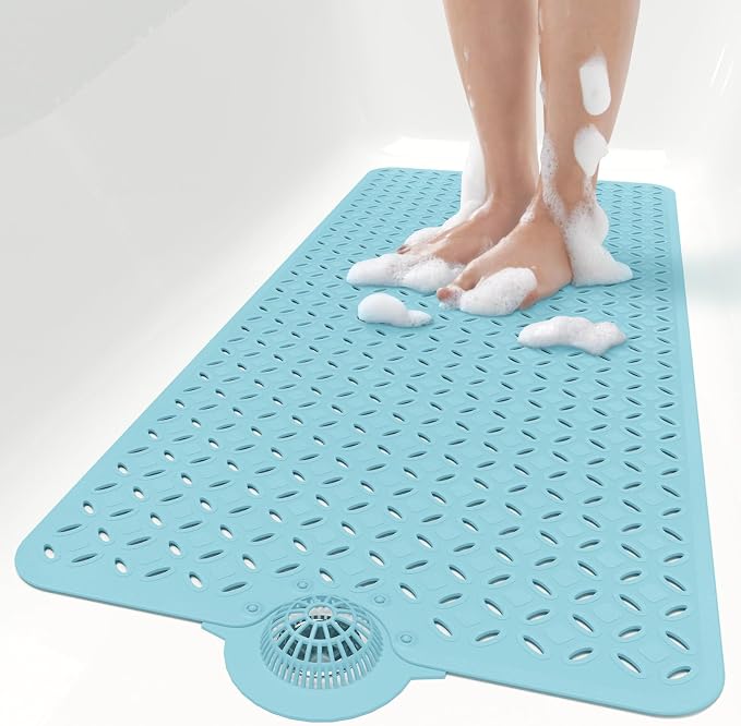 OTHWAY Bath Mat for Tub Non Slip: 39" X 17" Long Bathtub Mat with Hair Catcher│Big Drain Holes Shower Mats for Inside Shower│Machine Washable (Blue)