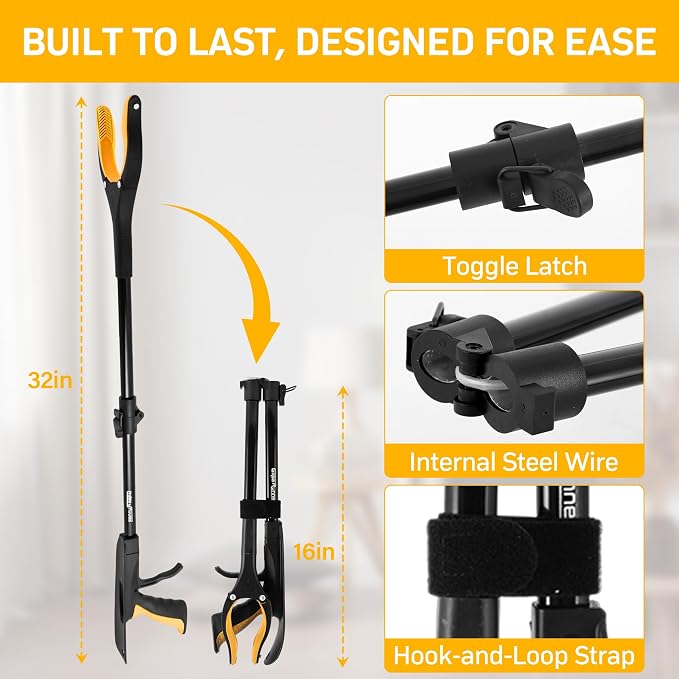 32 inch GrabRunner Folding Reacher Grabber Tool with Shoehorn,360° Rotating Head Grabber Tool with Strong Magnetic,Grabbers for Seniors (Gold)