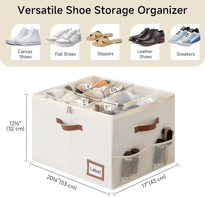 StorageWorks Shoe Organizer for Closet, 2 Pack Shoe Storage Boxes with Clear Lid, Stackable Shoe Storage Organizer for Sandals and Slippers, Fabric Shoe Bins for Closet, Holds 16–32 Pairs, Beige