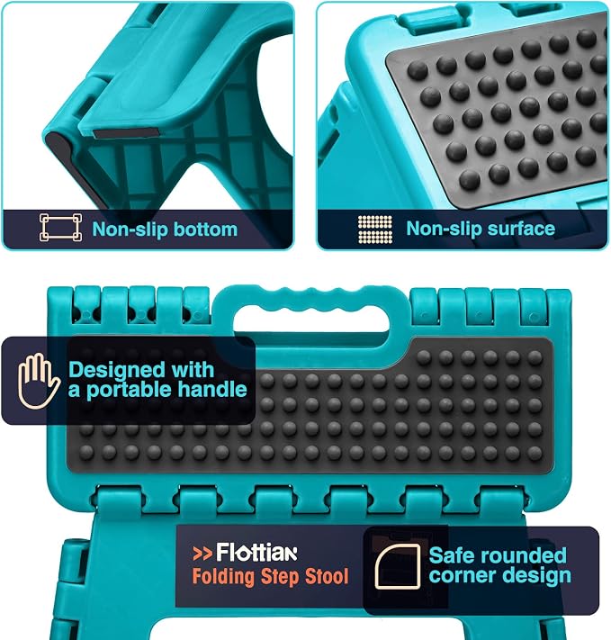 Flottian 9" Folding Step Stool for Adults and Kids Holds Up to 300 lbs,Non-Slip Folding Stools with Portable Handle, Compact Plastic Foldable Step Stool for Bathroom,Bedroom, Kitchen Ocean Blue
