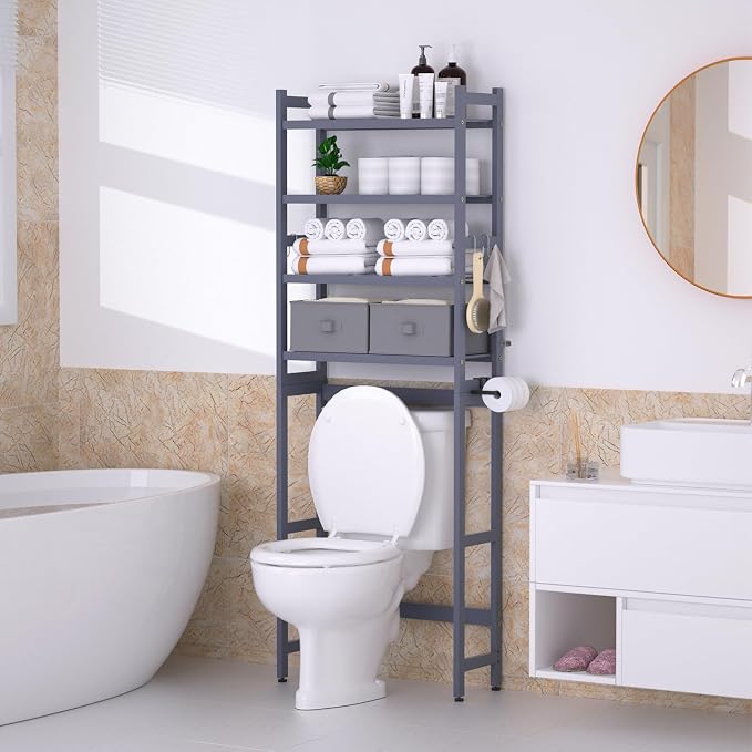 Cozivolife Over The Toilet Storage: 4-Tier Bamboo Organizer Rack with 2 Baskets & Paper Holder & 4 Hooks & Waterproof Feet Pad, Adjustable Freestanding Shelf for Bathroom (Grey)
