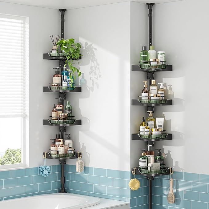 AKINBAS 360° Rotating Shower Caddy Tension Pole with 4-Tier Rustproof Lazy Susan 35-128 Inch No Drilling Coner Shelves Adjustable Shower Rack for Bathroom Bathtub Washbasin Plant Storage (Black+Green)
