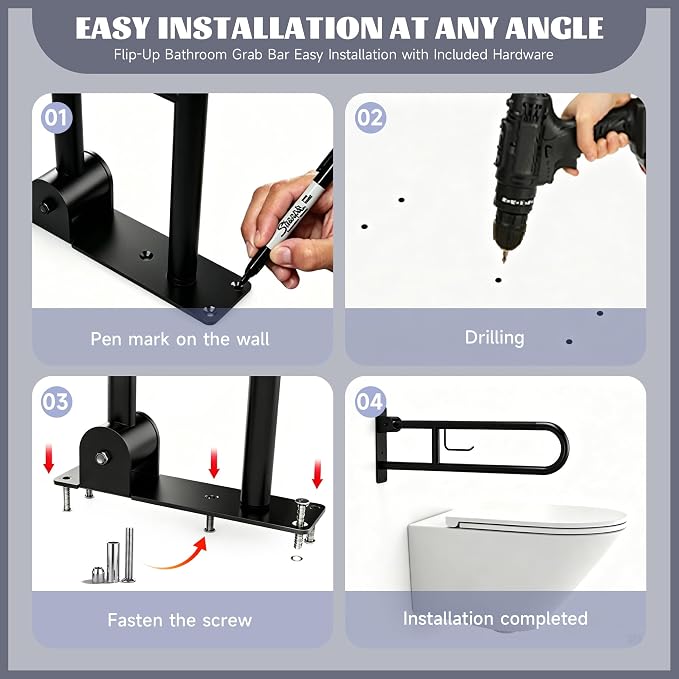 22.5 Inch Toilet Grab Bar, HUAS Black Anti Slip Bathroom Toilet Safety Rails, U Shaped Flip-Up Handicap Grab Bars w/Paper Holder, Stainless Steel Support Handrail for Elderly Disabled Senior
