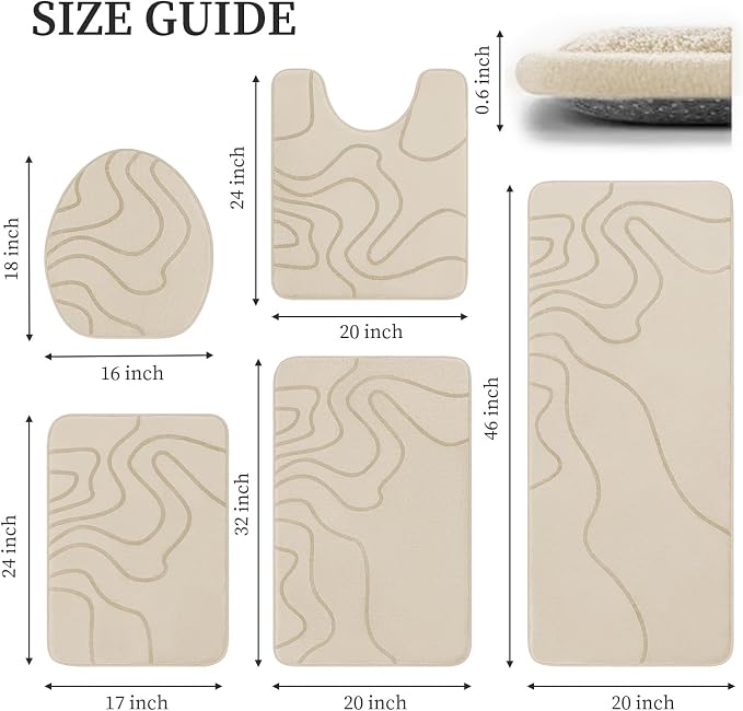 YIHOUSE Memory Foam Bathroom Rugs Sets 5 Piece - Extra Thick Ultra Soft Absorbent Bath Mat Set, Non-Slip Machine Washable Bath Rugs for Bathroom, Tub & Shower, Home Decor Accessories, Beige