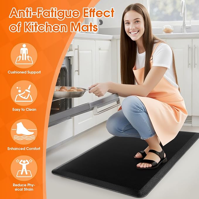 TranquilRelax Kitchen Mat, Cushioned Thick Floor Comfort Mat, with Non-Slip Bottom, Water & Stain Resistant, Easy Clean Standing Desk Mat for Kitchen, Sink, Office (17.3"x28", Black)