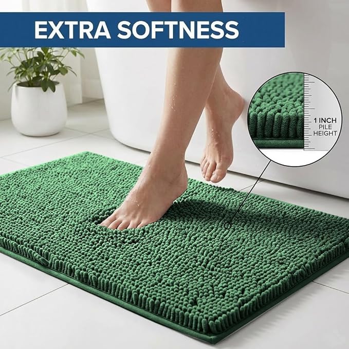 Bathroom Rugs Sets 2 Piece,Super Absorbent Chenille Bath Mats and U-Shaped Toilet Rug,Strong PVC Non Slip Backing,Microfiber Washable Dry Quickly Bath Mats for Bathroom(20"x32"+20"x20"U, Dark Green)
