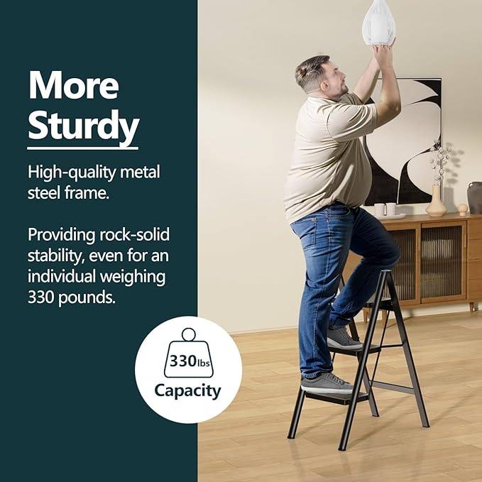 WOA WOA Step Ladder for Home, Foldable Step Stool for Kitchen with Non-Slip Pedals, Sturdy Ladders Supports up to 330 lbs, Compact and Portable - 3 Step/Black