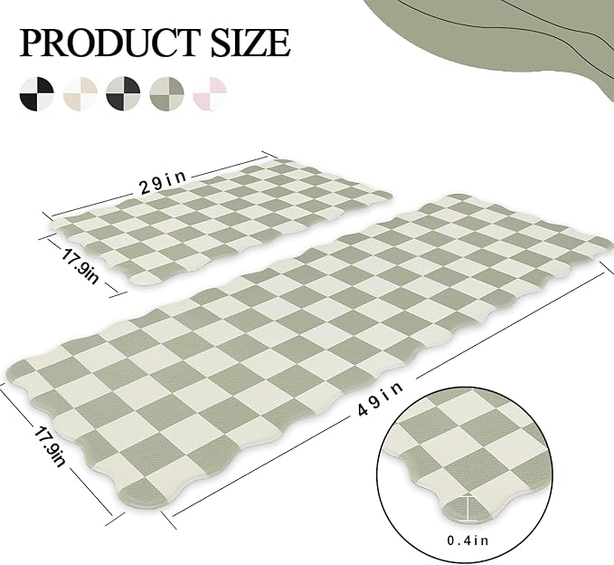 Scalloped Beige Sage Checkered Grid Checkerboard Kitchen Rug Sets [2 PCs], Anti-Fatigue, Waterproof Non-Slip Kitchen Mats Heavy Duty Comfort Foam Rug for Kitchen, Floor, Laundry,17"x29"+17"x47"