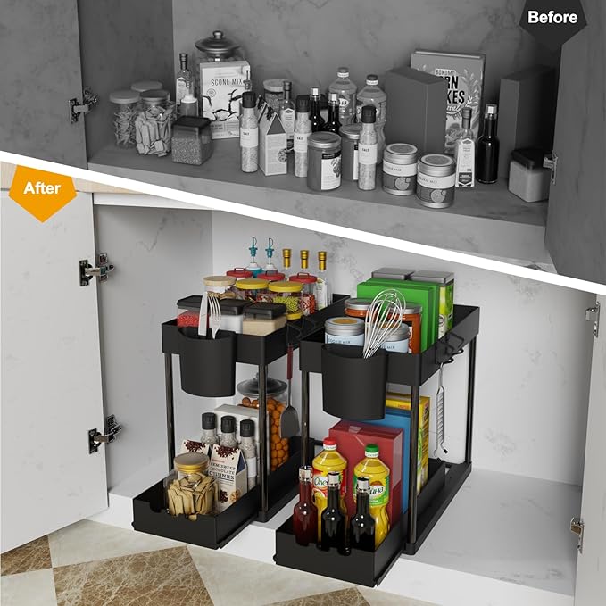 2 Pack Under Sink Organizers and Storage, 2-Tier Sliding Cabinet Organizer Drawer for Bathroom and Kitchen – Multi-Purpose Cabinet Organizer with Easy Pull-Out Design (Black)