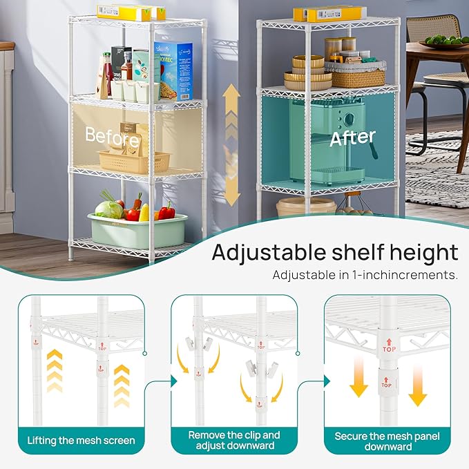 SINGAYE Shelf Wire Shelving Adjustable Storage Shelves Rack Standing Units for Kitchen Closet Laundry Bathroom Organizers Metal Pantry Narrow Mesh Gaps 14" D x 24" W x 48" H White