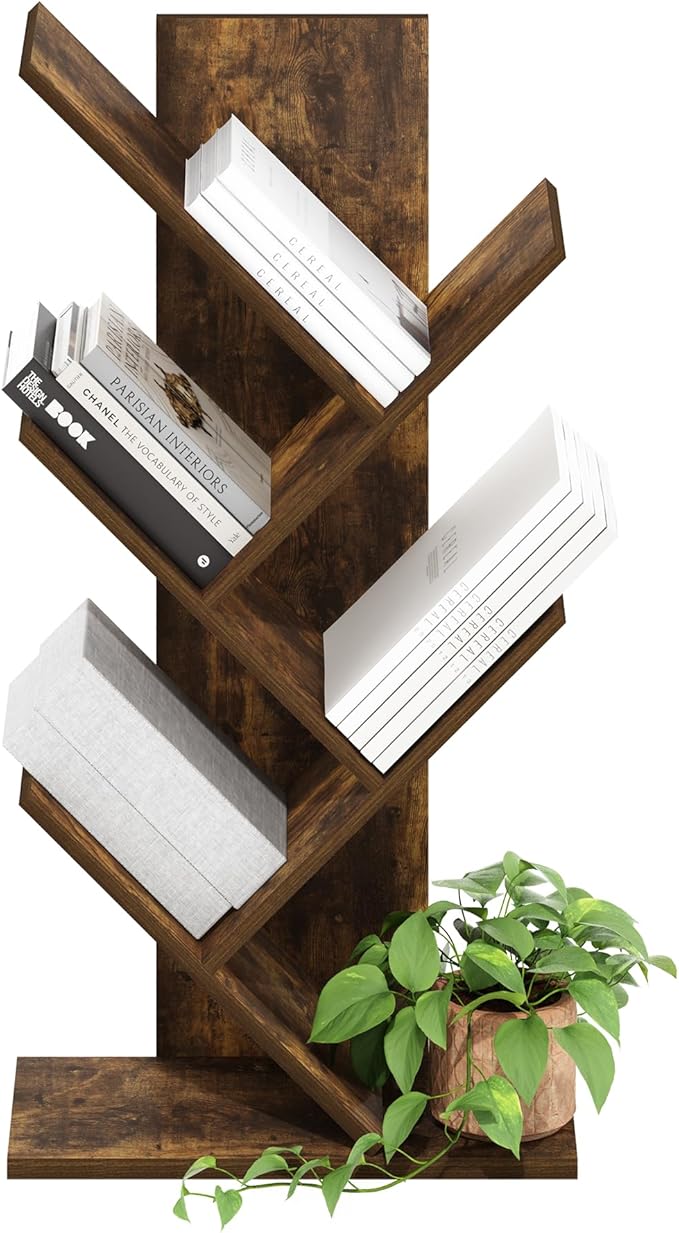 Furinno Tree Book Shelf, 5-Tier Bookshelf with Angled Open Shelf, Tree Bookcase for Room Decor, 8.4 x 15.7 x 30.3, for Organization and Storage, for Living Room, Bedroom, Home Office, Amber Pine