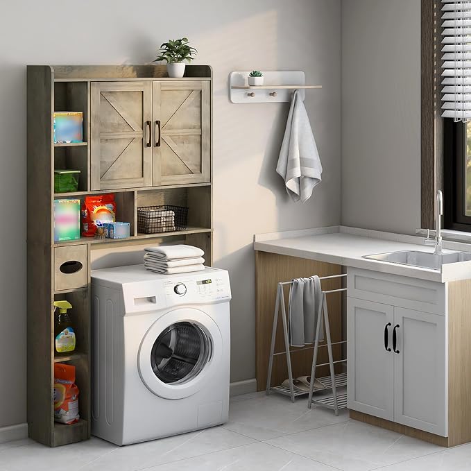 Vabches Over The Toilet Storage Cabinet, Farmhouse Storage Cabinet Over Toilet with 2 Barn Door & Toilet Paper Holder Stand, Home Space-Saving Rack, for Bathroom, Restroom (Grey).