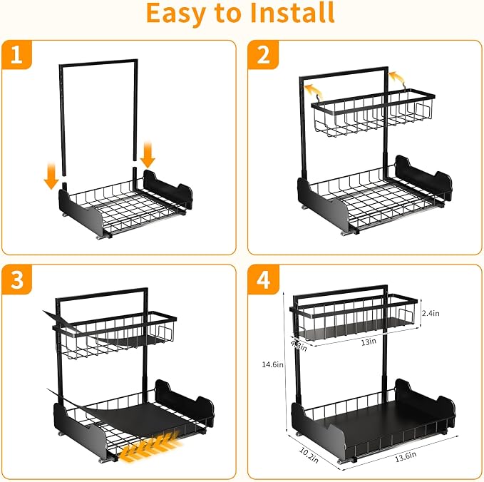 PureBox Under Sink Organizer, 2-Tier L-Shaped Pull Out Cabinet Shelf with 2 Installation Methods, Adjustable Sliding Storage Drawer for Kitchen, Bathroom, Laundry, Metal, Black