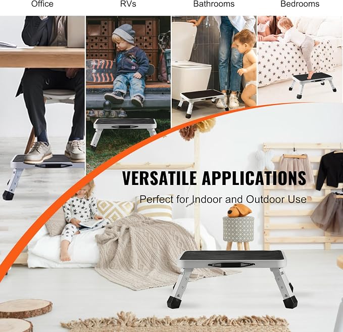 VEVOR 1-Step 330lbs Capacity Folding Steel Step Ladder, Adjustable Height, Non-Slip Sturdy Step Stool for Adults, Toddlers, Offices, RVs, Bathrooms, Bedrooms