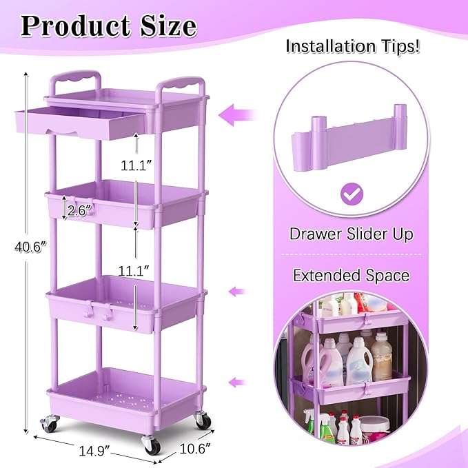 SUNALLY 4 Tier Rolling Cart Organizer with Drawer, Bathroom Storage Carts with Wheels & Plastic Shelf, Mobile Storage Organizers for Kitchen, Office, Laundry Room, Baby, Snack, Craft, Makeup, Purple