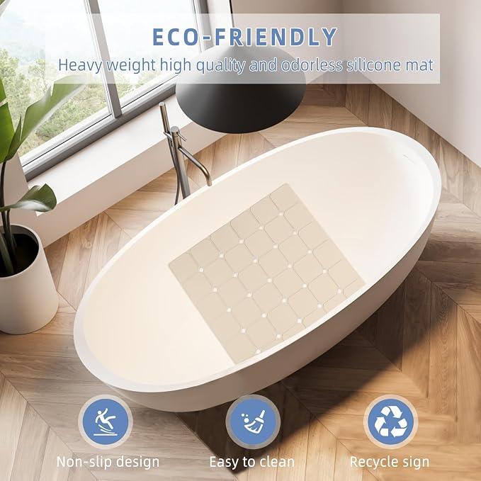 Shower Mat Non Slip 21"x21" Silicone Foldable Bath Mat with Suction Cups & Drain Holes, Odorless, Eco-Friendly & Durable, Machine Washable Shower Stall Mat for Adults, Seniors Beige