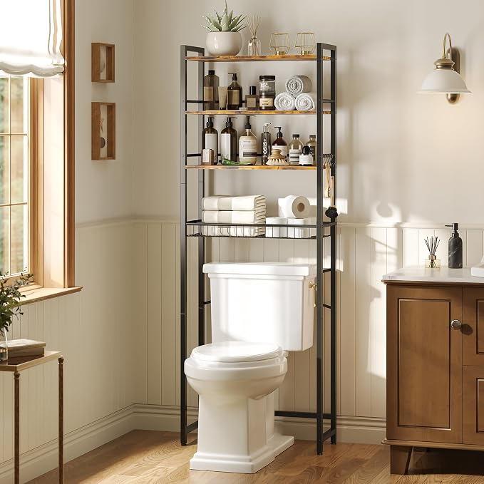 Over The Toilet Storage Shelf, 4-Tier Bathroom Organizer with Basket & Hooks, Sturdy Space Saver for Small Bathrooms, Rustic Brown & Black