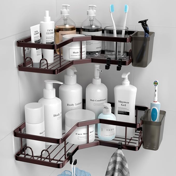 AKTECKE Shower Caddy Corner Organizer: 2Pack Adhesive Shower Shelf Essentials - No Drilling Stainless Steel Bathroom Storage Rack with Hooks and Toothpaste Holder - Shower Accessories