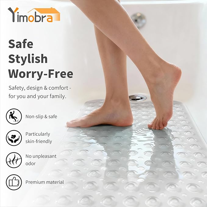 Yimobra Non Slip Bathtub Mat 40 x 16 Inch, Extra Long Shower Mat with Drain Holes, Machine Washable Baby Bath Mats, Strong Suction Cups for Bathroom Floor, Clear