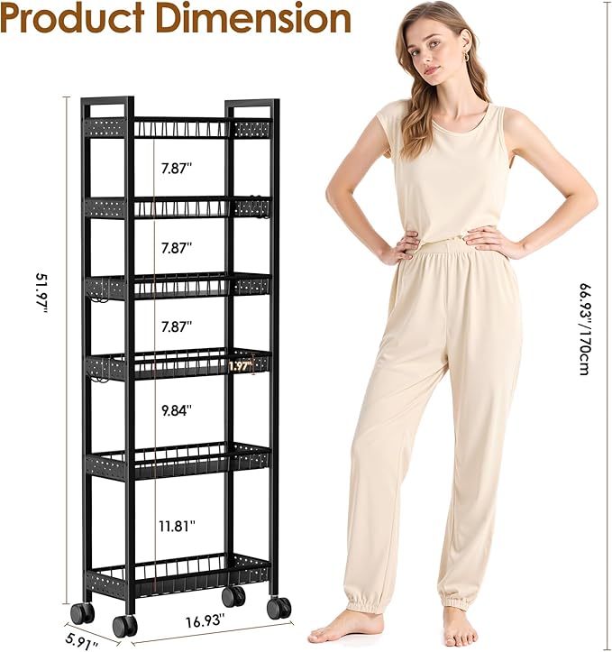 6 Tier Slim Storage Cart, Narrow Rolling Cart with Wheels, Narrow Mobile Utility Shelf Unit Organizer for Kitchen, Bathroom, Laundry Room, Living Room, Small Places, 6in(W), Black