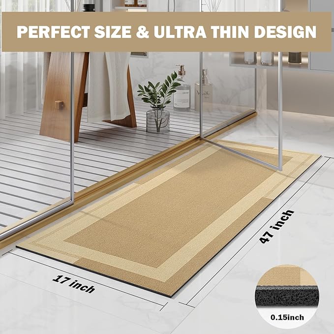 YDKGL Extra Long Non Slip Bathroom Runner Bath Mat, Rubber Backing Ultra Thin Bath Rug Fit Under Door Quick Dry Super Absorbent Washable Shower Mat for Bathroom Floor Bathtub Sink, Brown 17"x47"