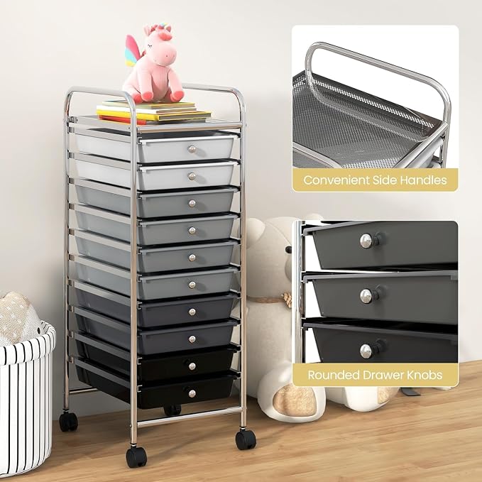 10-Drawer Rolling Storage Cart, Trolley w/Lockable 360° Wheels, 10 Removable PP Drawers, Sturdy Metal Frame, Rolling Utility Cart Perfect for Home, Office, Classroom (Mixed Black)
