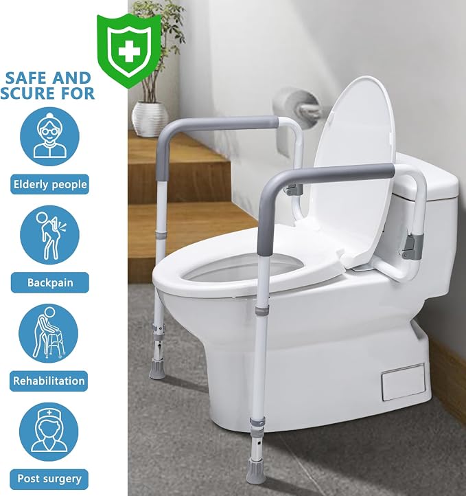 WeHwupe Toilet Safety Rails for Elderly Adults - Adjustable Bathroom Toilet Safety Frame with Handles - Stand Alone Toilet Grab Bar for Senior, Handicap & Disabled,Fits Most Toilets, White, TRX-8002