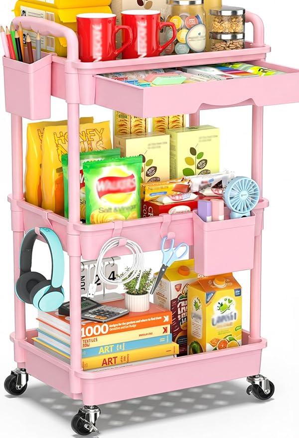 SUNALLY 3 Tier Rolling Cart with Drawer, Bathroom Storage Organizer with 2 Lockable Wheels, Multifunctional Rolling Storage Cart for Bathroom, Kitchen, Office, Craft, Makeup, Baby Essentials, Pink