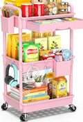SUNALLY 3 Tier Rolling Cart with Drawer, Bathroom Storage Organizer with 2 Lockable Wheels, Multifunctional Rolling Storage Cart for Bathroom, Kitchen, Office, Craft, Makeup, Baby Essentials, Pink
