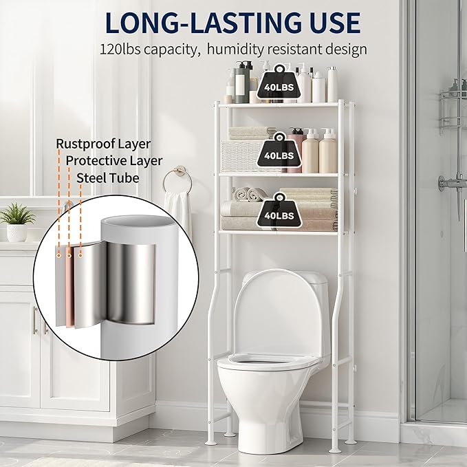 GloTika 3-Tier Over Toilet Storage Rack, Metal Over Toilet Bathroom Organizer Shelf, Freestanding Space Saver Storage Shelves for Bathroom/Laundry/Living Room (White)