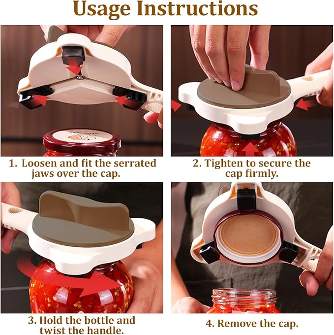 2026 Adjustable 4‑in‑1 Jar Opener with Red Wine Corkscrew & 2 Can Opener, Jar Opener for Seniors and Weak Hands, Perfect for Kitchen Jars, Bottles & Beer Caps (Beige)