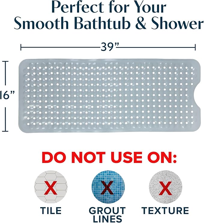 SlipX Solutions Power Grip Bathtub Safety Mat | Precision Grip Technology for Longer, Stronger, & Softer Wet Surface Protection | Solid Gray 39"x16"